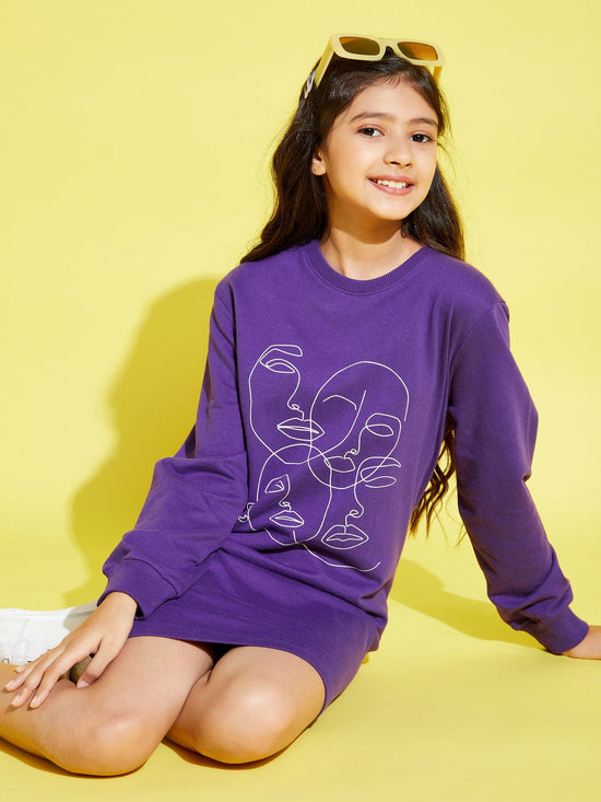 Girls Purple Face Print Terry Sweat Dress