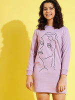 Girls Lavender Face Print Terry Sweat Dress