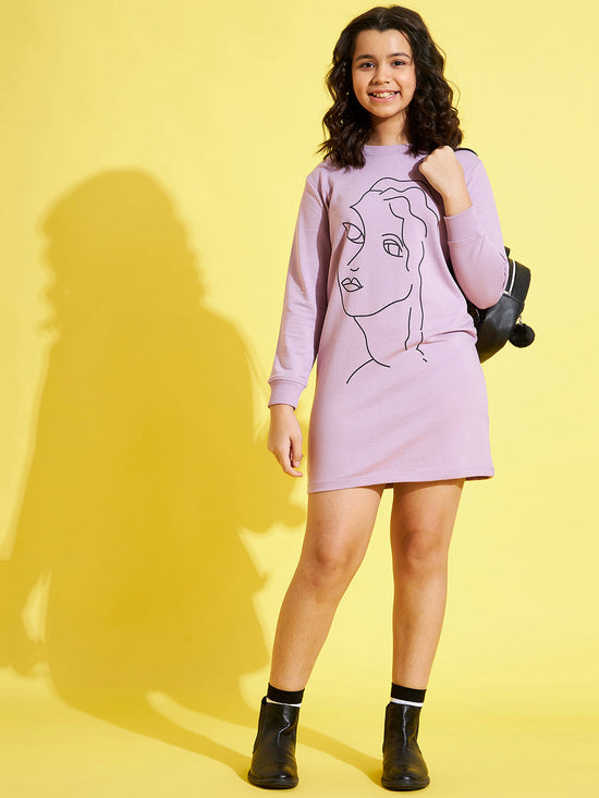 Girls Lavender Face Print Terry Sweat Dress