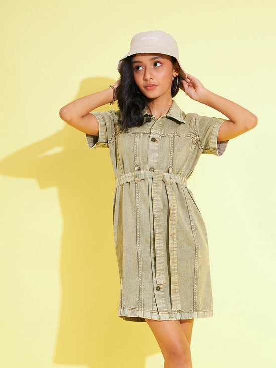 Girls Brown Acid Wash Denim Shirt Dress