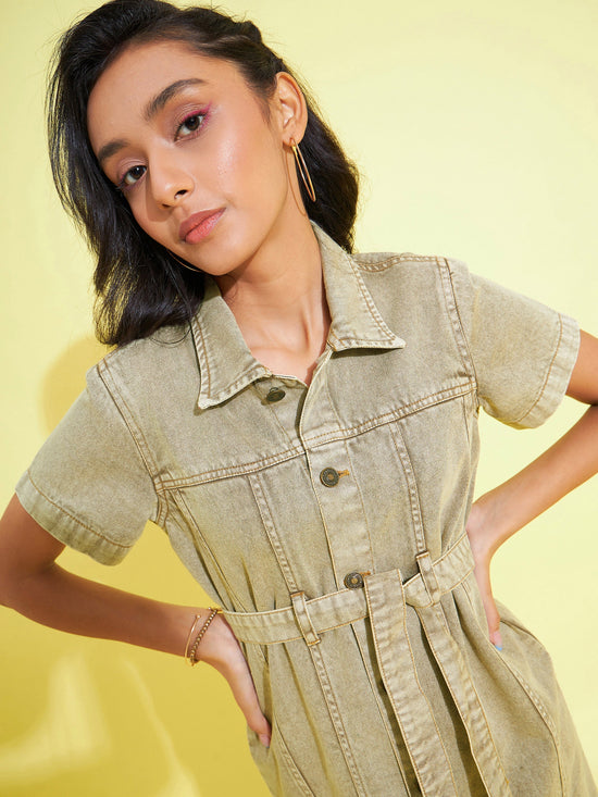 Girls Brown Acid Wash Denim Shirt Dress