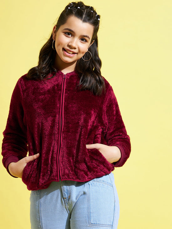 Girls Maroon Fur Front Zipper Jacket