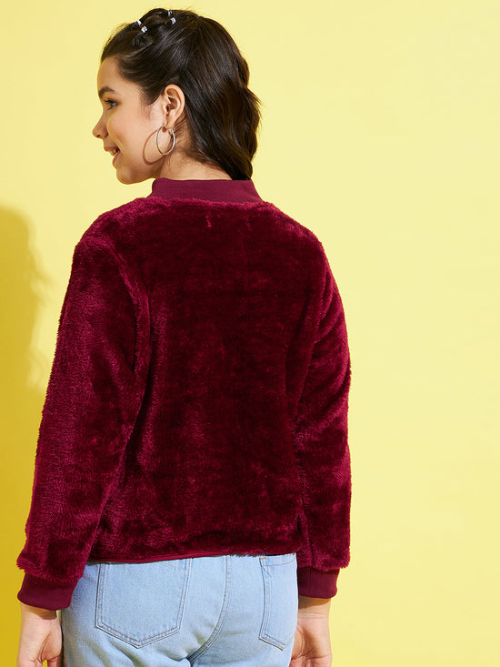 Girls Maroon Fur Front Zipper Jacket