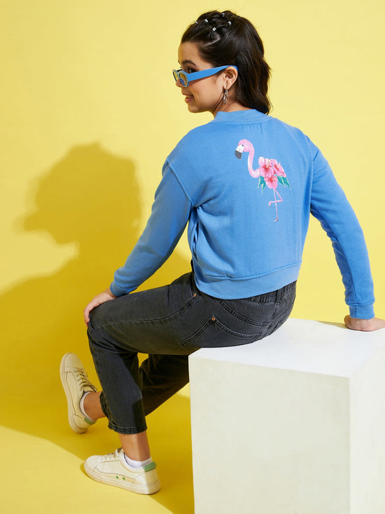 Girls Blue Fleece Flamingo Bomber Jacket