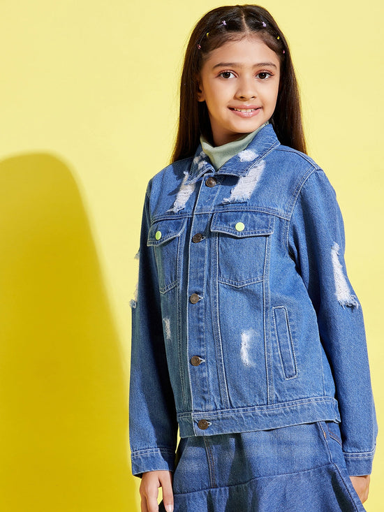 Girls Blue Distressed Neon Button Denim Jacket