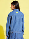 Girls Blue Distressed Neon Button Denim Jacket