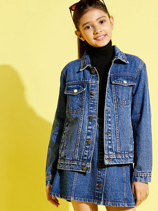 Girls Blue Neon Button Denim Jacket