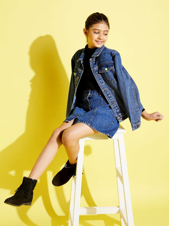 Girls Blue Neon Button Denim Jacket