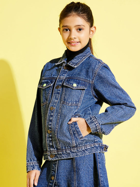 Girls Blue Neon Button Denim Jacket