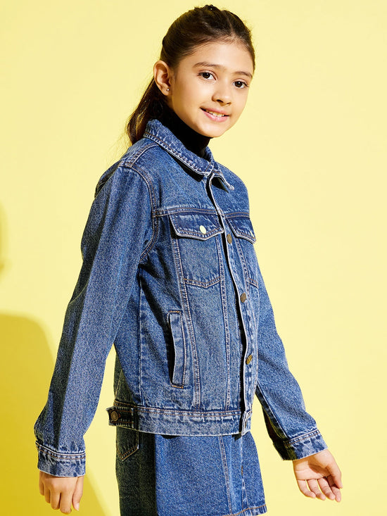 Girls Blue Neon Button Denim Jacket