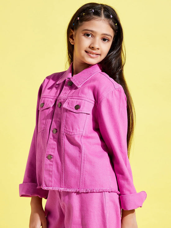 Girls Pink Raw Hem Denim Crop Jacket