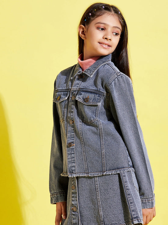 Girls Grey Acid Wash Raw Hem Denim Crop Jacket