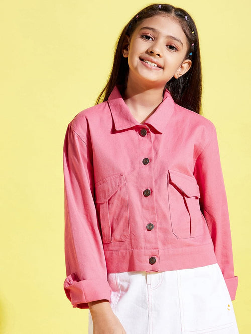 Girls Pink Front Button Twill Jacket