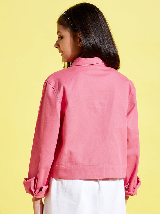 Girls Pink Front Button Twill Jacket