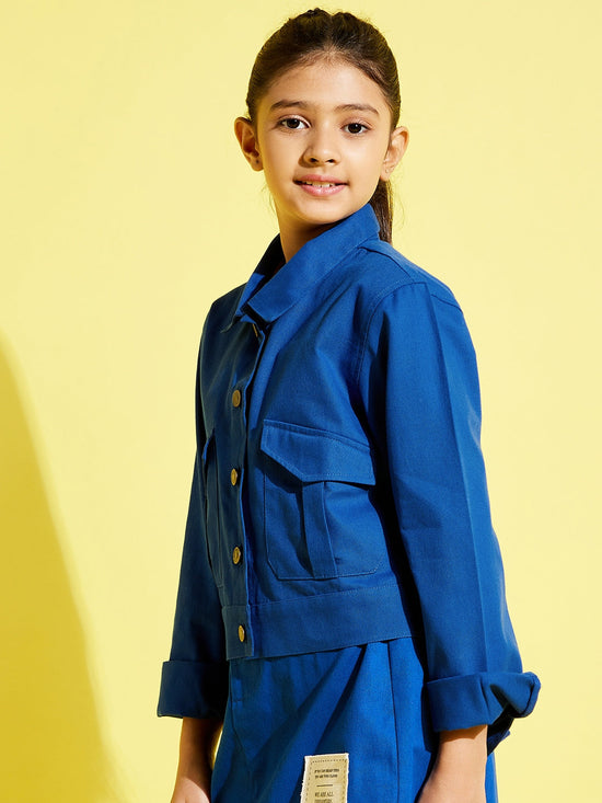 Girls Blue Front Button Twill Jacket