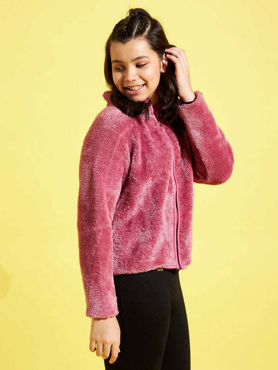 Girls Dark Pink Fur Front Zipper Jacket