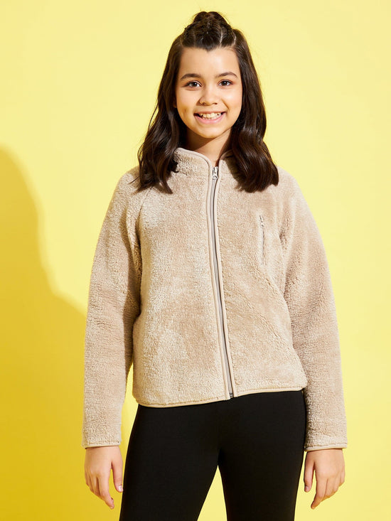 Girls Beige Fur Front Zipper Jacket