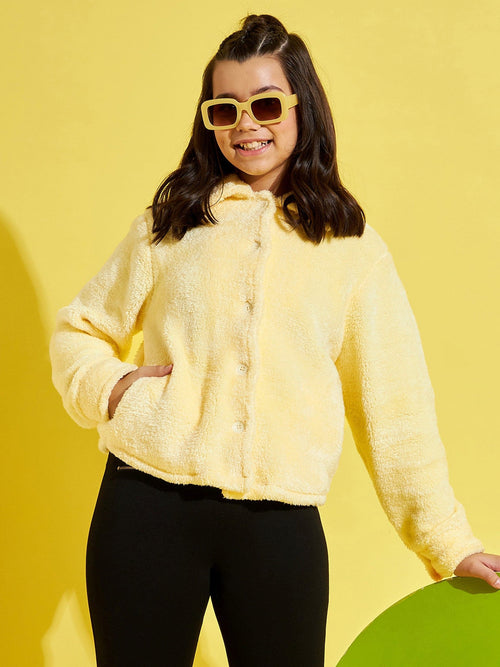 Girls Lemon Yellow Fur Front Button Jacket