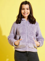 Girls Purple Fur Front Pocket Hoodie Jacket