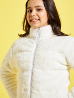 Girls White Fur Front Zipper Quilted Jacket