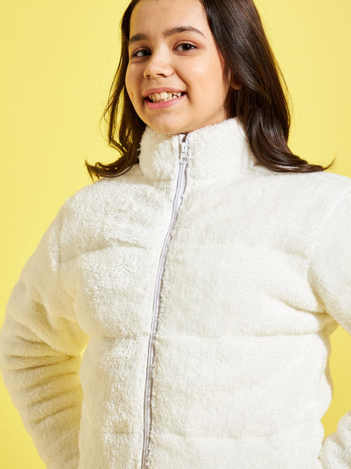 Girls White Fur Front Zipper Quilted Jacket
