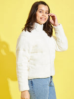 Girls White Fur Front Zipper Quilted Jacket