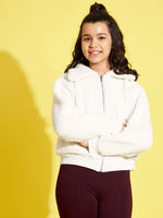 Girls White Fur Front Zip Pocket Jacket