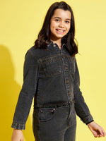 Girls Black Acid Wash Denim Raw Hem Jacket