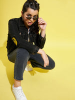 Girls Black Smiley Patch Denim Raw Hem Jacket