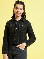 Girls Black Smiley Patch Denim Raw Hem Jacket