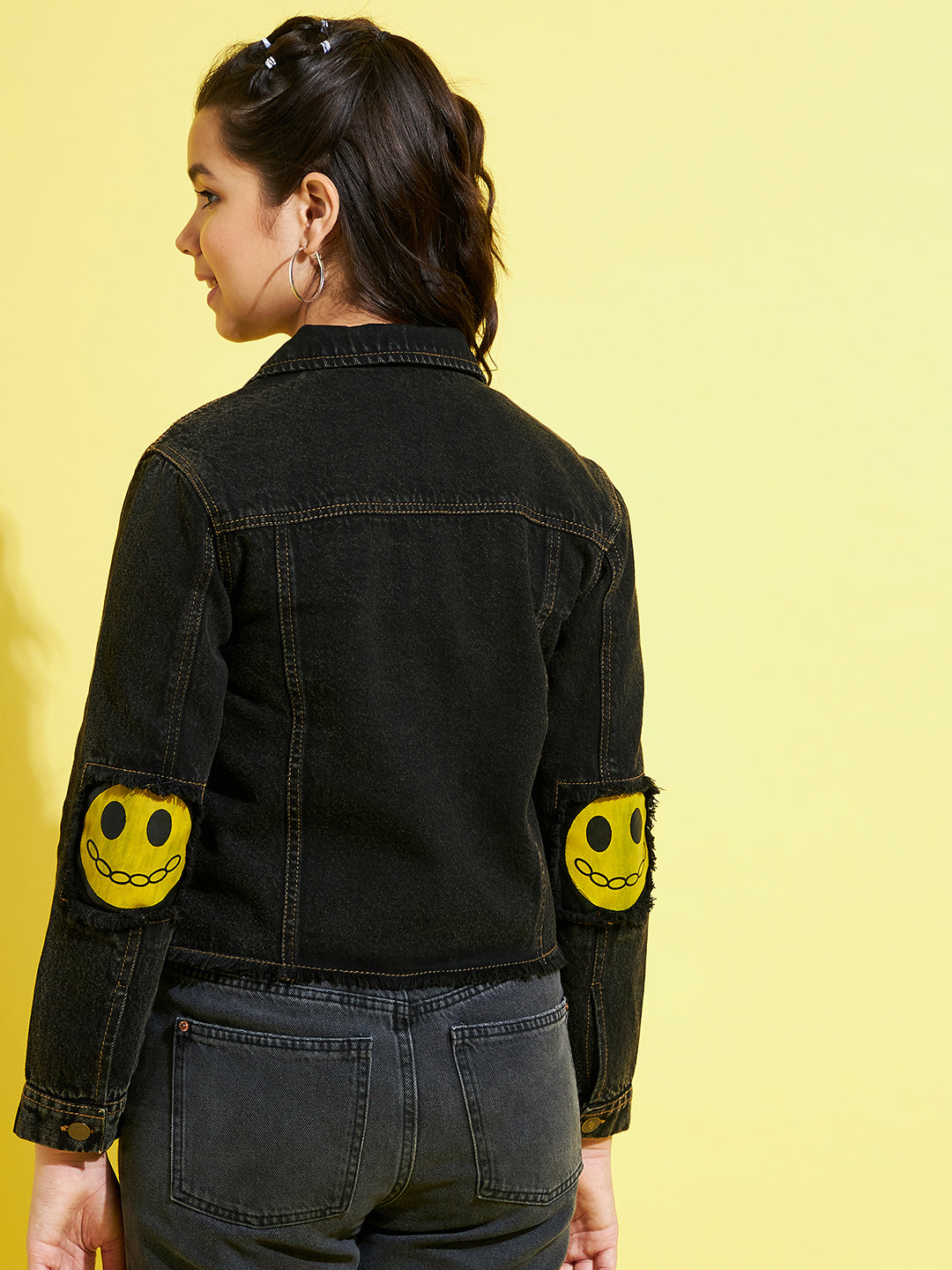 Girls Black Smiley Patch Denim Raw Hem Jacket