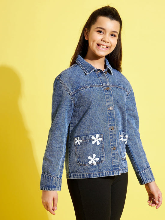 Girls Blue Flower Denim Jacket