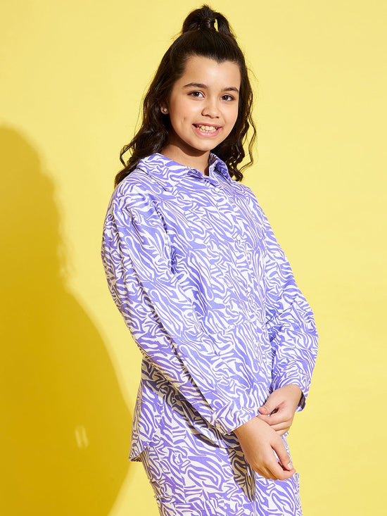 Girls Lavender & White Abstract Waves Twill Shacket