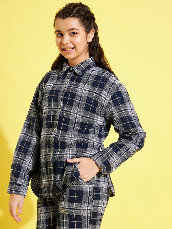 Girls Navy & Grey Check Shacket