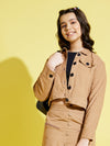 Girls Beige Corduroy Front Button Crop Jacket