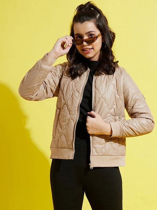 Girls Beige Quilted Bomber Jacket