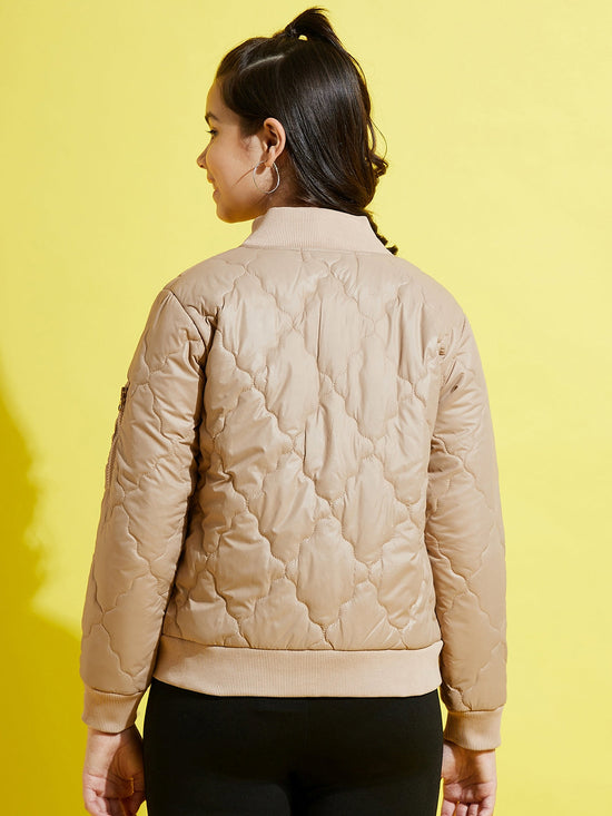 Girls Beige Quilted Bomber Jacket