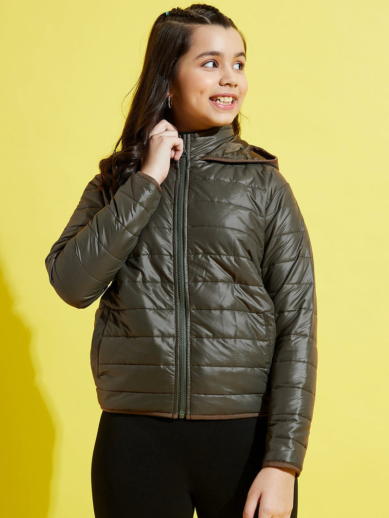 Girls Olive Quilted Hooded Jacket