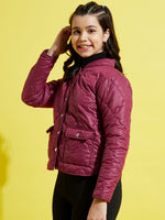 Girls Maroon Snap Button Quilted Jacket