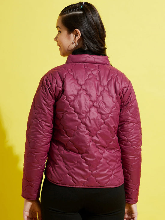 Girls Maroon Snap Button Quilted Jacket