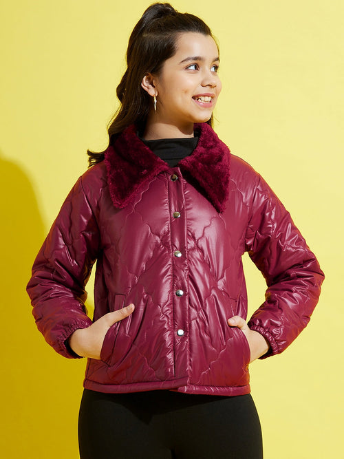 Girls Maroon Fur Collar Quilted Jacket