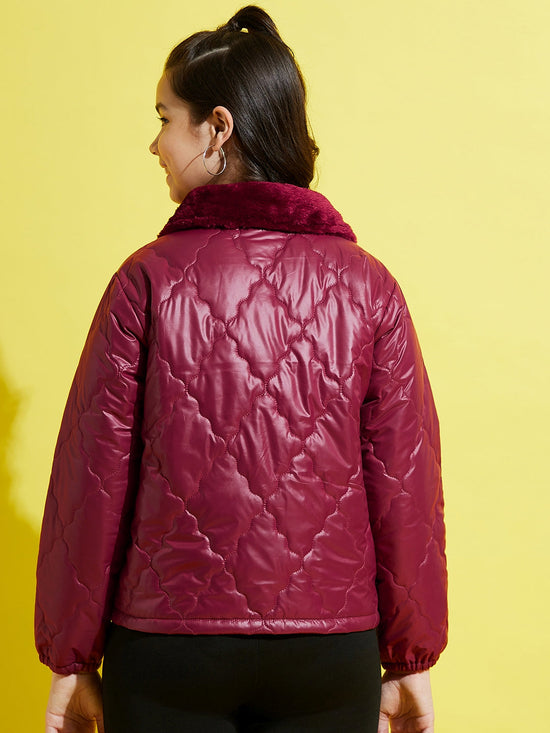 Girls Maroon Fur Collar Quilted Jacket