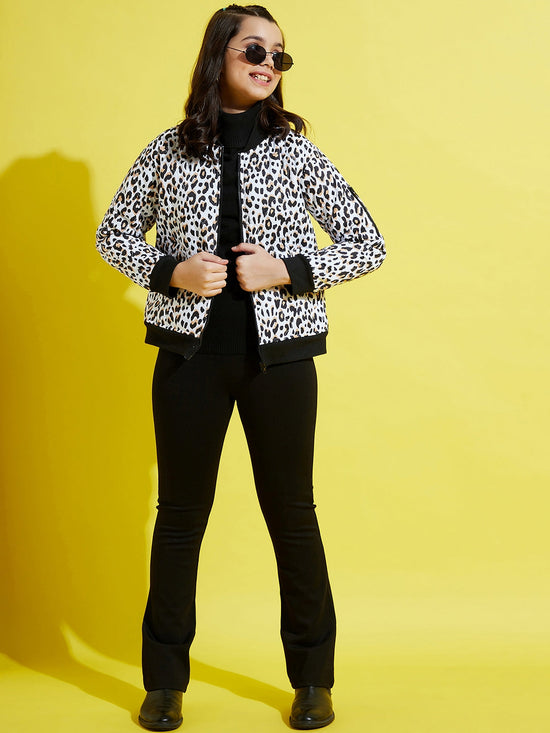 Girls White Leopard Quilted Bomber Jacket