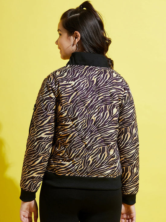 Girls Brown Zebra Quilted Bomber Jacket