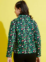 Girls Green & Black Tropical Front Button Quilted Jacket