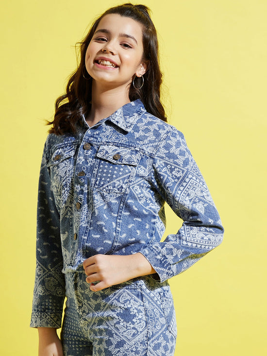 Girls Blue Denim Paisley Print Jacket