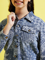 Girls Blue Denim Paisley Print Jacket