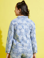 Girls Blue Denim Tropical Print Jacket