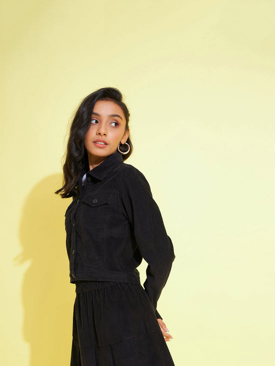 Girls Black Corduroy Crop Jacket