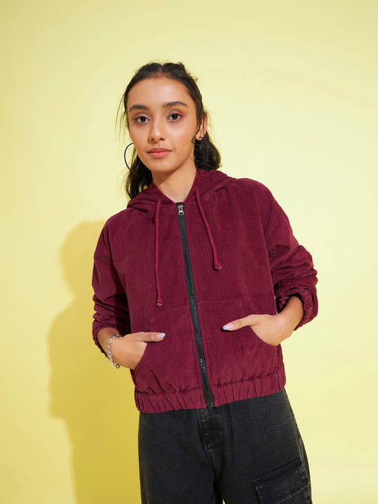 Girls Burgundy Corduroy Hoodie Crop Jacket